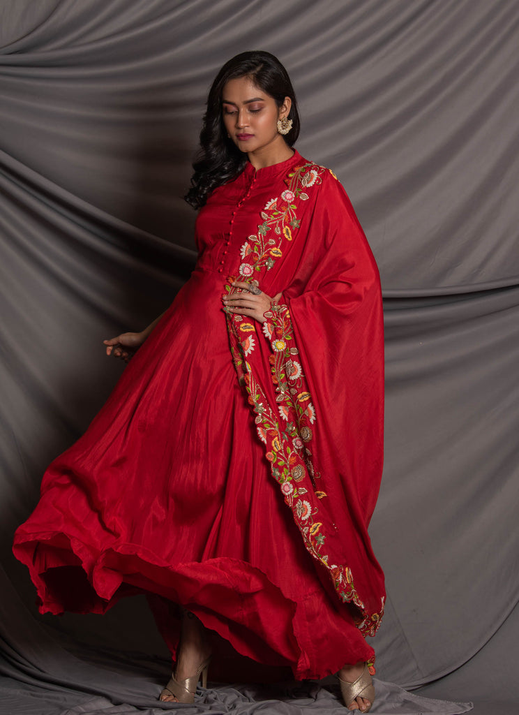 Pakistani Bridal Gown with Red Lehenga and Dupatta – Nameera by Farooq